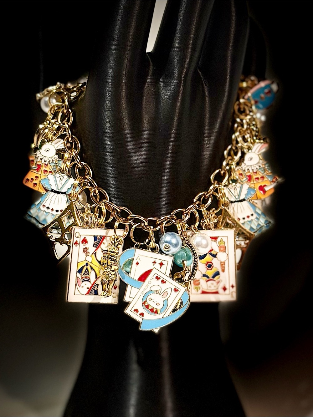 Gold Alice in Wonderland Themed Charm Bracelet - Blue & White Enamel